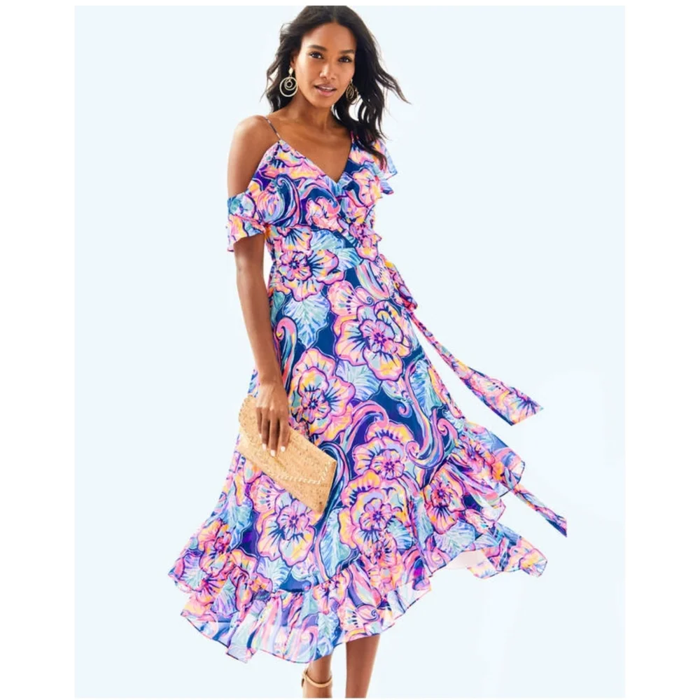 LILLY PULITZER Marianna Dress in Nauti Navy Boho Bateau Wrap Dress Medium - Picture 1 of 10